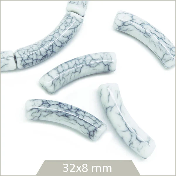 12 perles tubes incurvés blanc opaque motif craquelé 8 mm