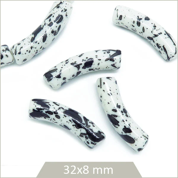 12 perles tubes incurvés motif dalmatien 8 mm