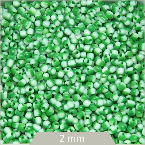 40 g de perles rocailles rayées blanc/vert 2 mm