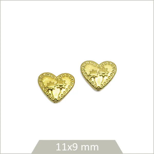 2 perles coeurs motif floral en acier inoxydable doré