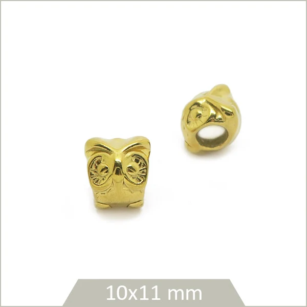 2 perles hiboux en acier inoxydable doré
