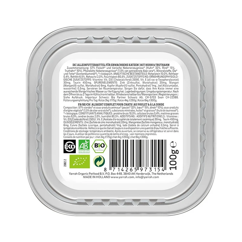 Yarrah pâtée bio sans céréales - Lot 16 x 100g