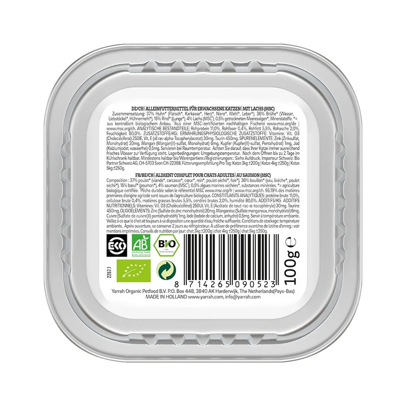 Yarrah pâtée bio sans céréales - Lot 16 x 100g