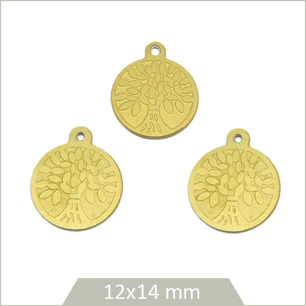 6 breloques rondes gravure arbre de vie en acier inoxydable doré