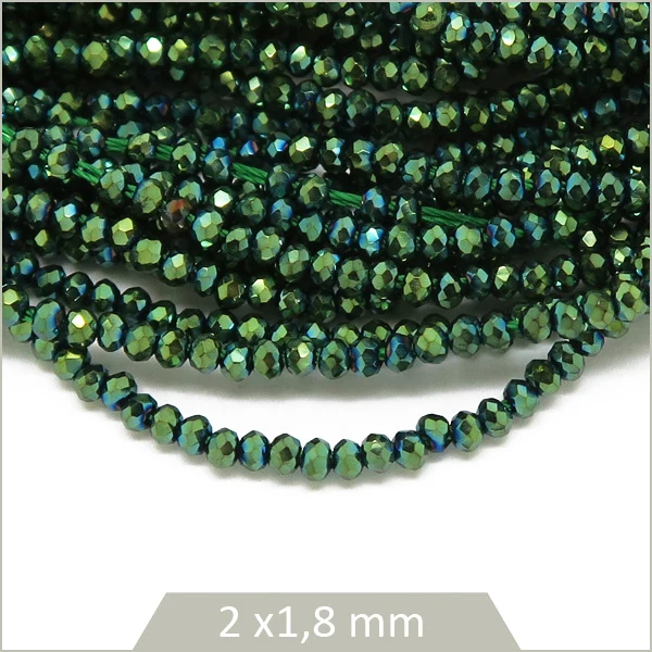Env. 210 perles de verre donut 2x1,8 mm, vert scarabée