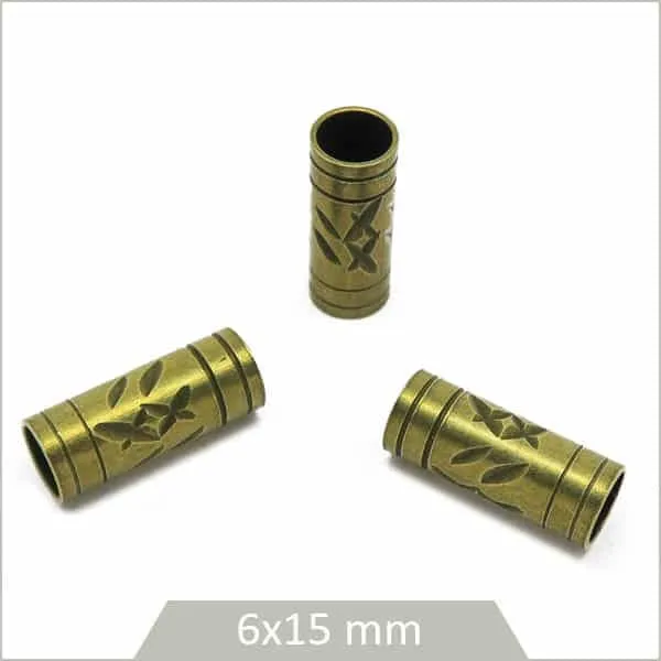 10 perles tubes ronds gravées bronze, 6x15 mm