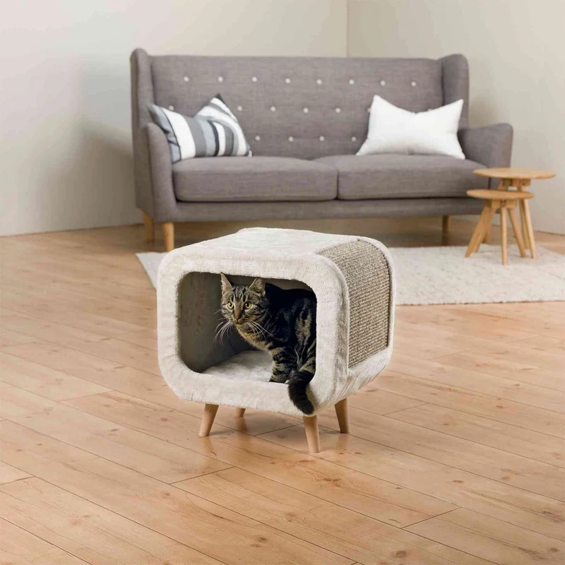 Abri douillet pour chat avec pieds en bois et griffoir