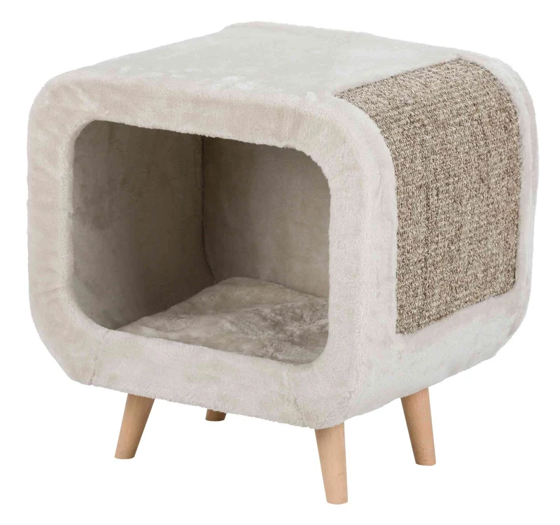 Abri douillet pour chat avec pieds en bois et griffoir