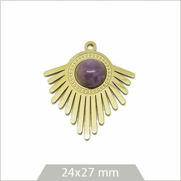1 breloque plume acier inoxydable doré et cabochon en Améthyste