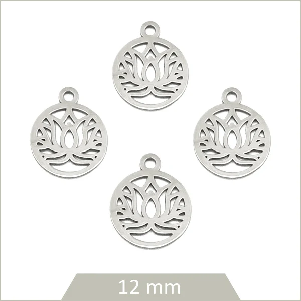 4 breloques ronde lotus en acier inoxydable