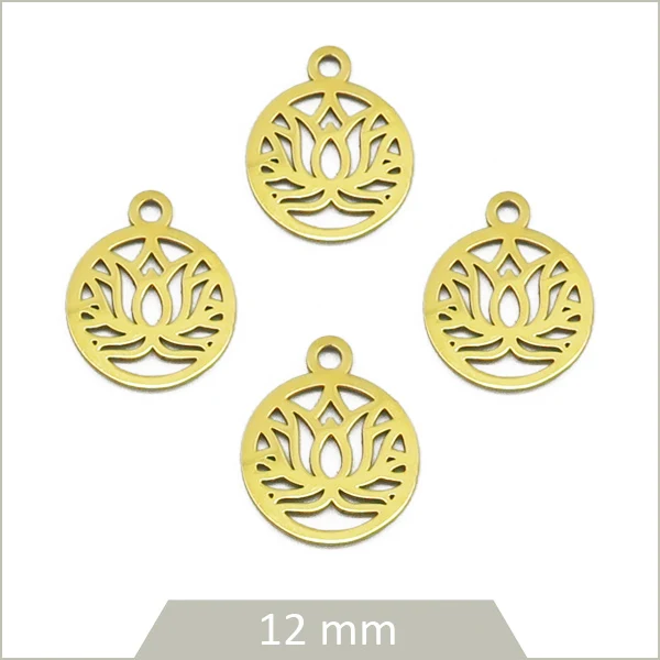 4 breloques ronde lotus en acier inoxydable doré