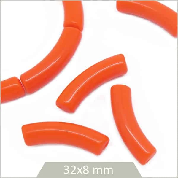 12 perles tubes incurvés orange 8 mm
