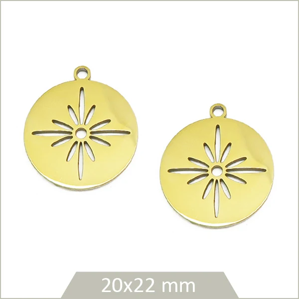 2 breloques rondes motif étoile en acier inoxydable doré