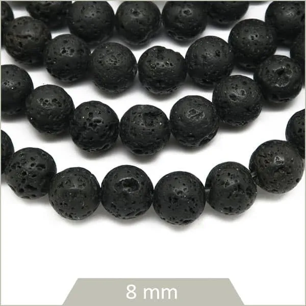 Env. 48 perles rondes en pierre de lave noire, 8 mm