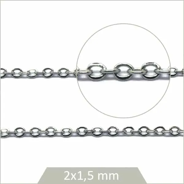 1 m de chaîne ovale en acier argent 1,5 mm, chaîne forçat