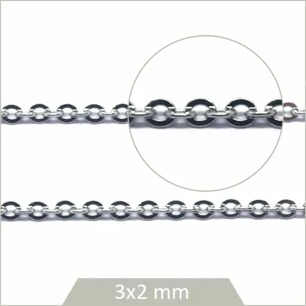 1 m de chaîne ovale en acier argent 3 mm, chaîne forçat pour création de bijoux