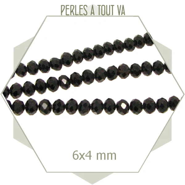 Env. 80 perles de verre à facettes donuts noires 6x4 mm