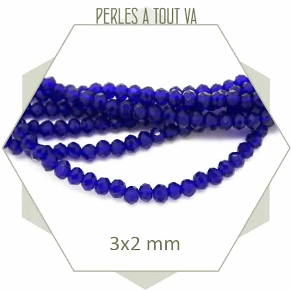 Env. 150 perles de verre à facettes donuts bleu cobalt 3x2 mm