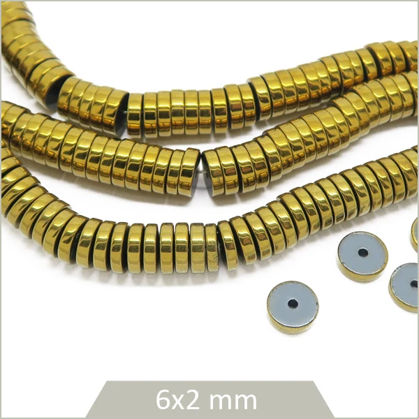 Env. 190 perles rondelles en hématite doré métallisé, 6x2 mm