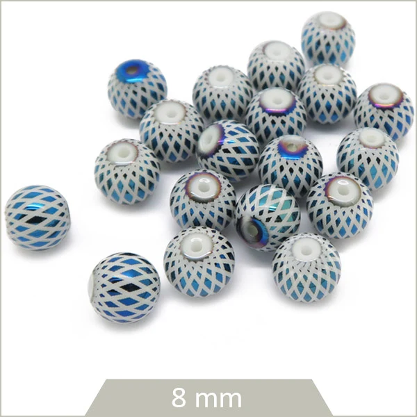 Env. 20 perles de verre rondes 8 mm motif losange bleu