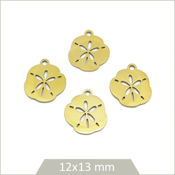 4 breloques circulaires motif floral en acier inoxydable doré