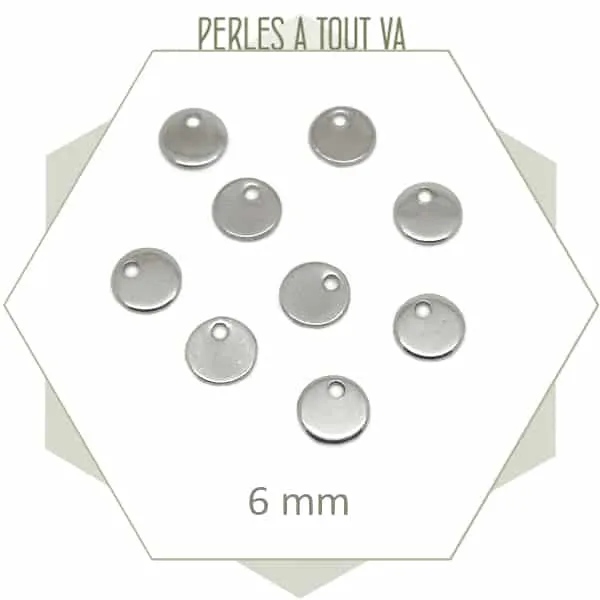 50 mini breloques rondes en acier inoxydable 6 mm