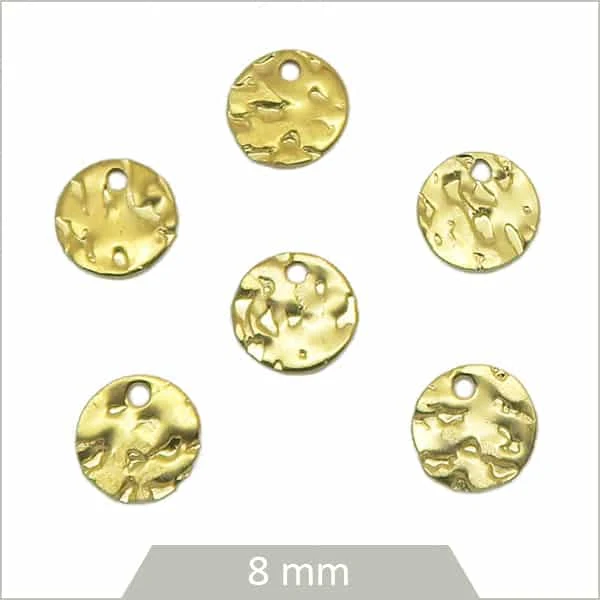 6 breloques rondes texturées 8 mm en acier inoxydable doré