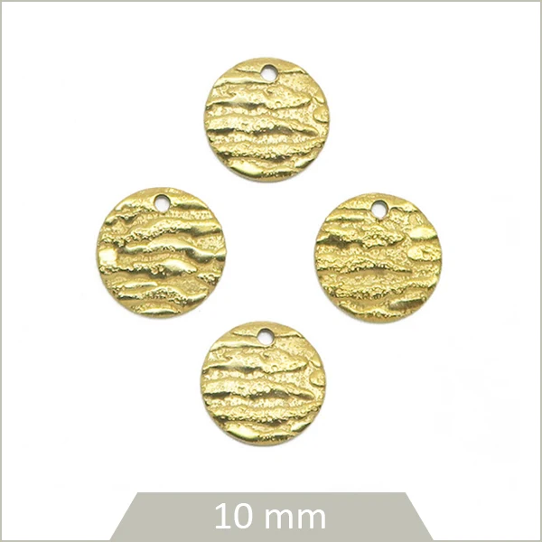 6 breloques rondes texturées 10 mm en acier inoxydable doré
