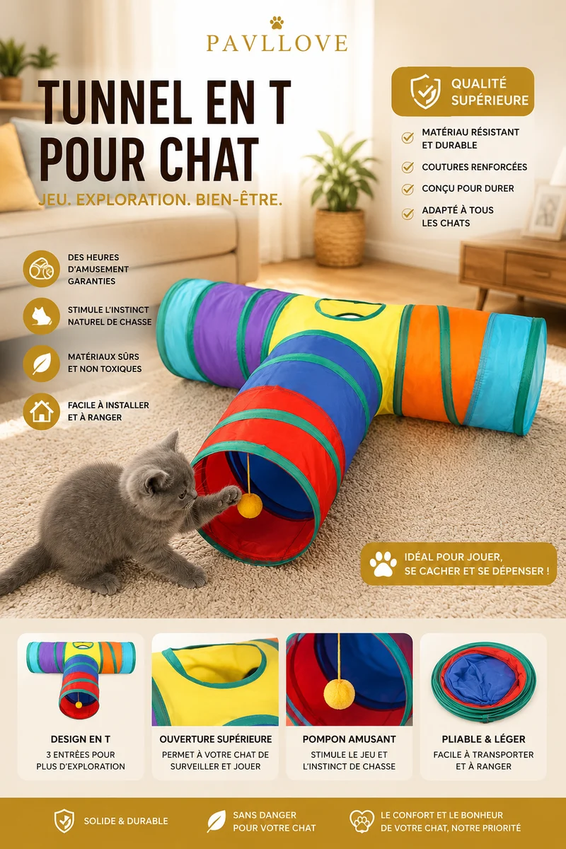 Tunnel pour Chat en Forme de T Arc-en-Ciel – Jouet Interactif Anti-Ennui, Polyester Écologique, Pliable & Durable