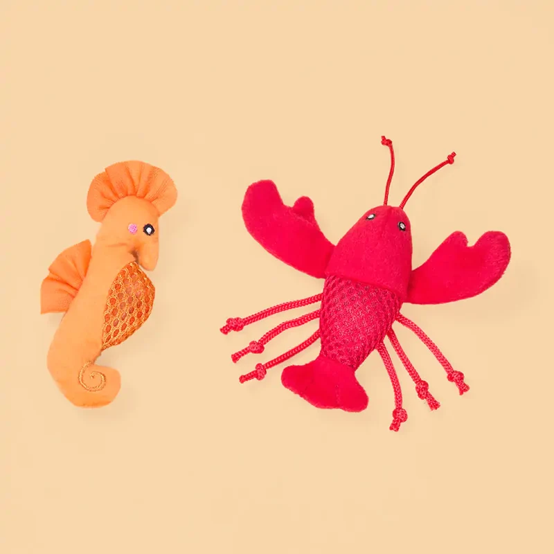 Peluches Hippocampe et Homard – Lot de 2 jouets pour chat – ZippyClaws® Mesh Mates