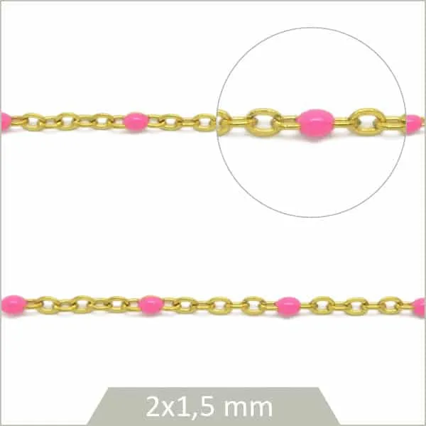 1 m de chaîne acier inoxydable doré et maillons émaillés rose
