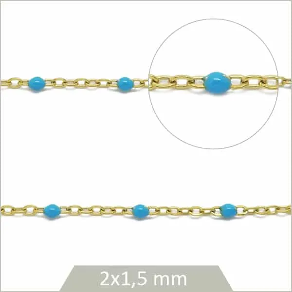 1 m de chaîne acier inoxydable doré et maillons bleu cyan
