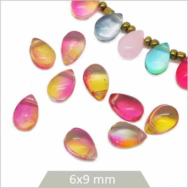 20 perles goutte en verre 6x9mm, rose et jaune orangé