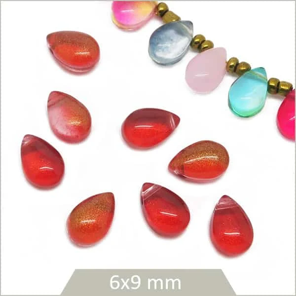 20 perles goutte en verre 6x9mm, rouge reflets dorés