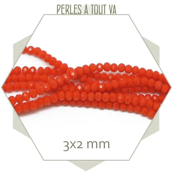 Env. 160 perles de verre à facettes donut orange vif 3x2 mm