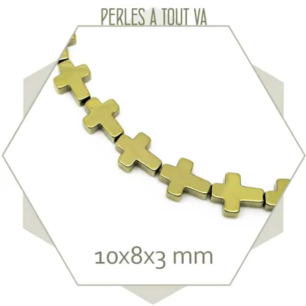 10 perles croix en hématite doré