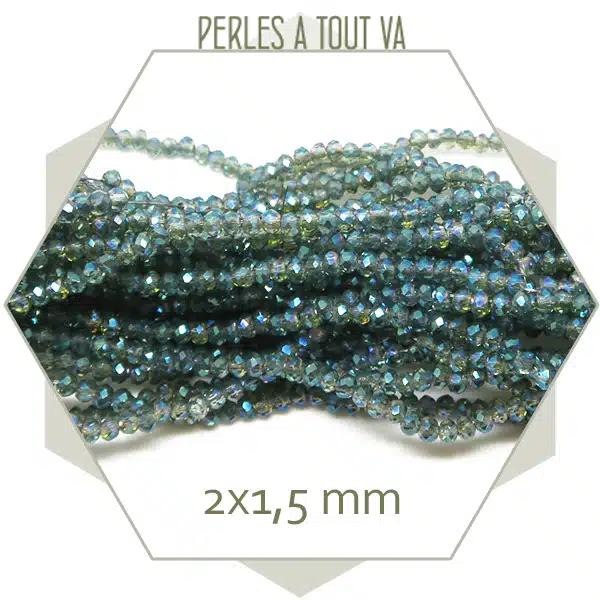 Env. 160 perles de verre à facettes donut, bleu vert scintillant, reflet miroir