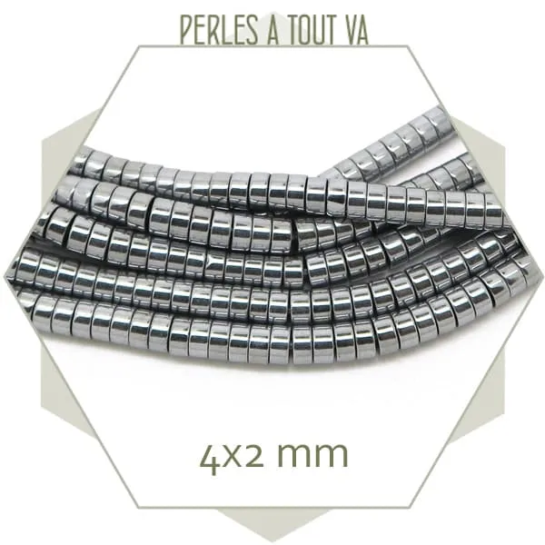 Env. 180 perles rondelles 4x2 mm en hématite métallisé couleur argent