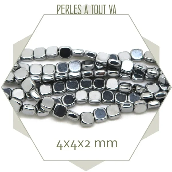 Env. 95 perles carrées en hématite métallisé, couleur argent