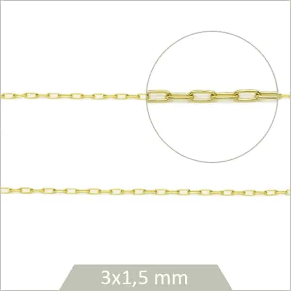 1 m de fine chaîne trombone 3x1,5 mm en acier inoxydable 304 doré 18K