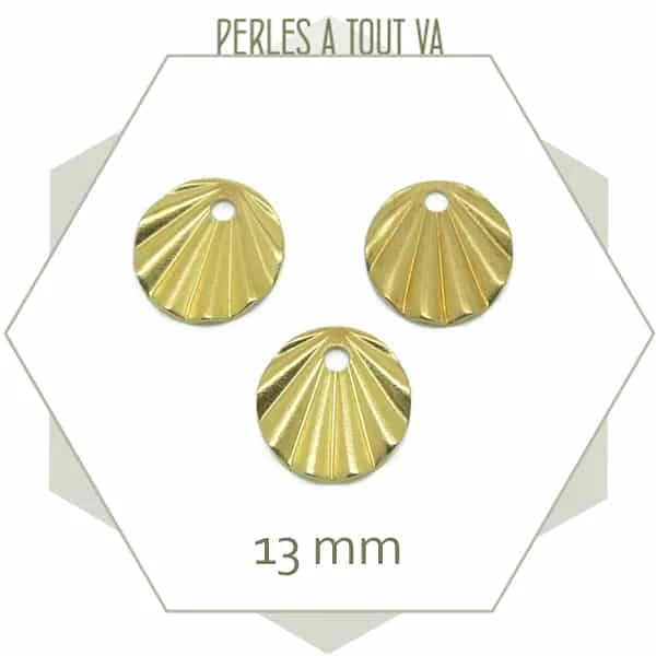 8 breloques rondes plissées 13 mm en laiton brut