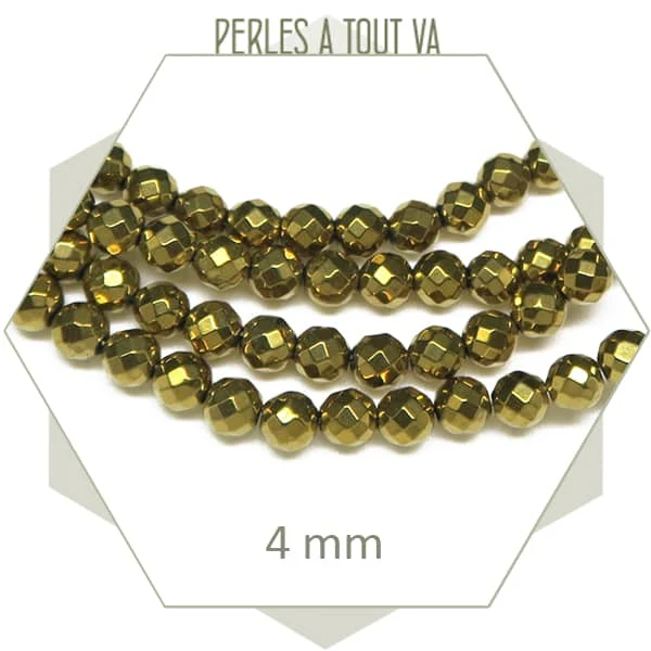Env. 95 perles rondes à facettes 4 mm en hématite doré métallisé