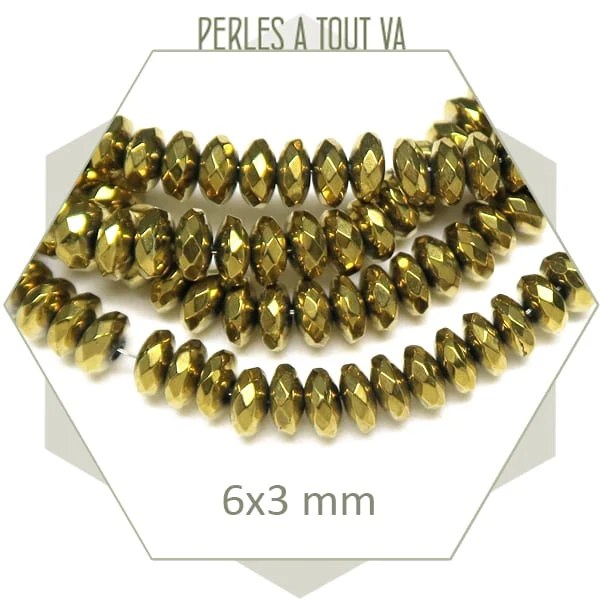 Env. 125 perles soucoupes à facettes en hématite 6 mm doré