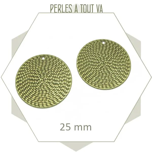6 breloques rondes texture vannerie bronze, 25 mm
