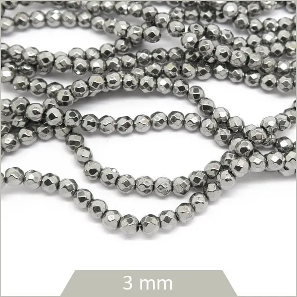 Env. 130 perles à facettes 3 mm en hématite métallisé