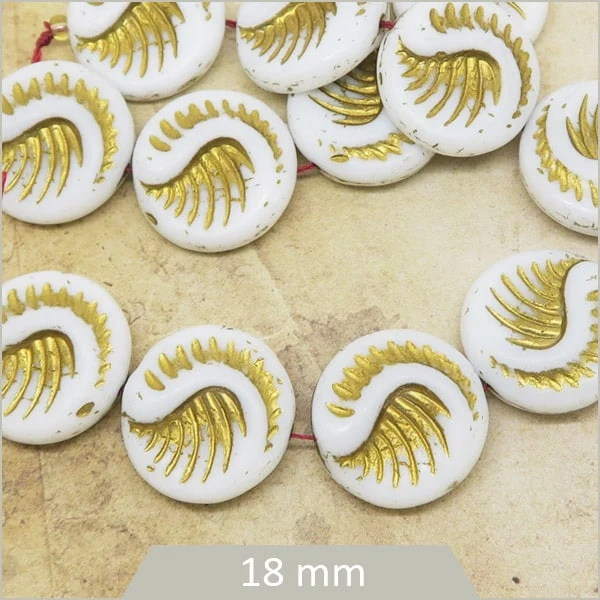 4 perles de verre tchèques rondes et plates, motif plume, blanches