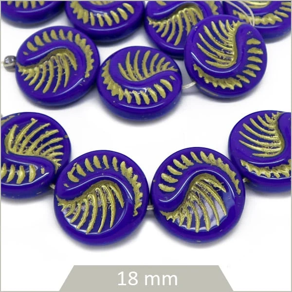 4 perles de verre tchèques rondes et plates, motif plume, bleu indigo