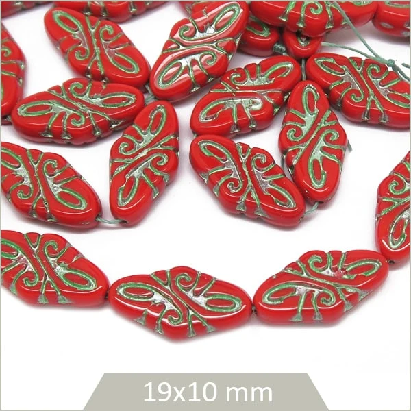 8 perles tchèques en verre, motif arabesques, rouge