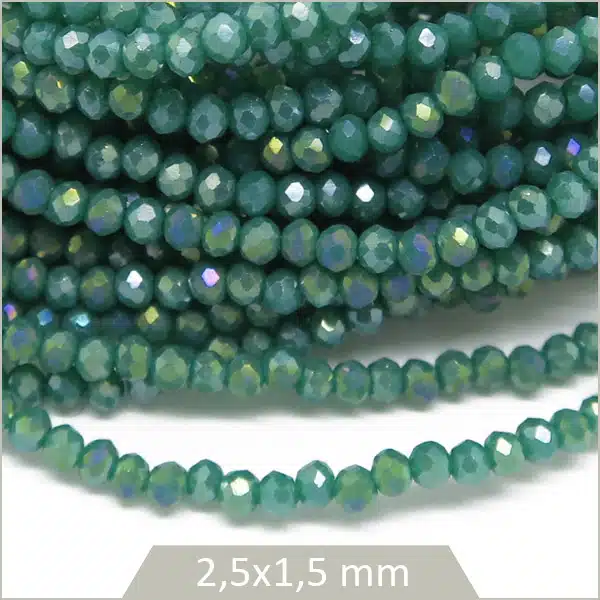Env. 150 perles donut à facettes en verre, cyan foncé irisé