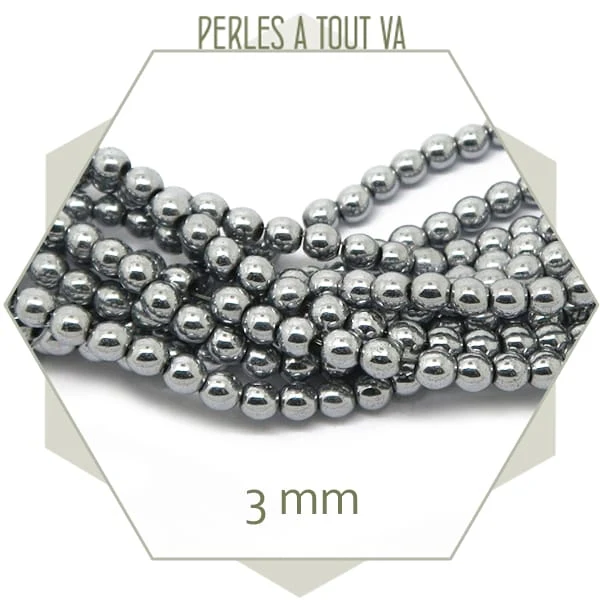 Env. 125 perles rondes en hématite couleur argent 3 mm